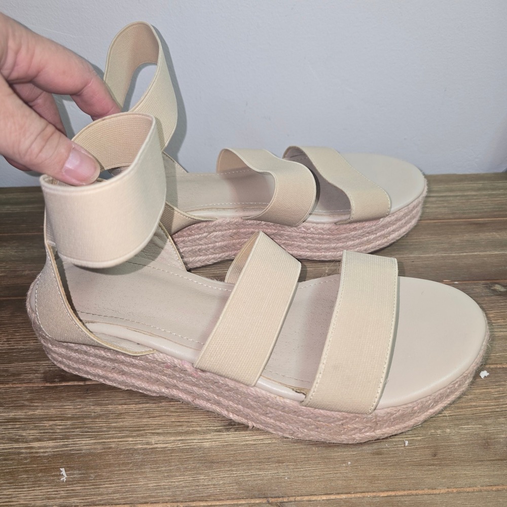 Beige Elastic Multi Strap Espadrille Flatform Sandals Platform Shoes Size 38